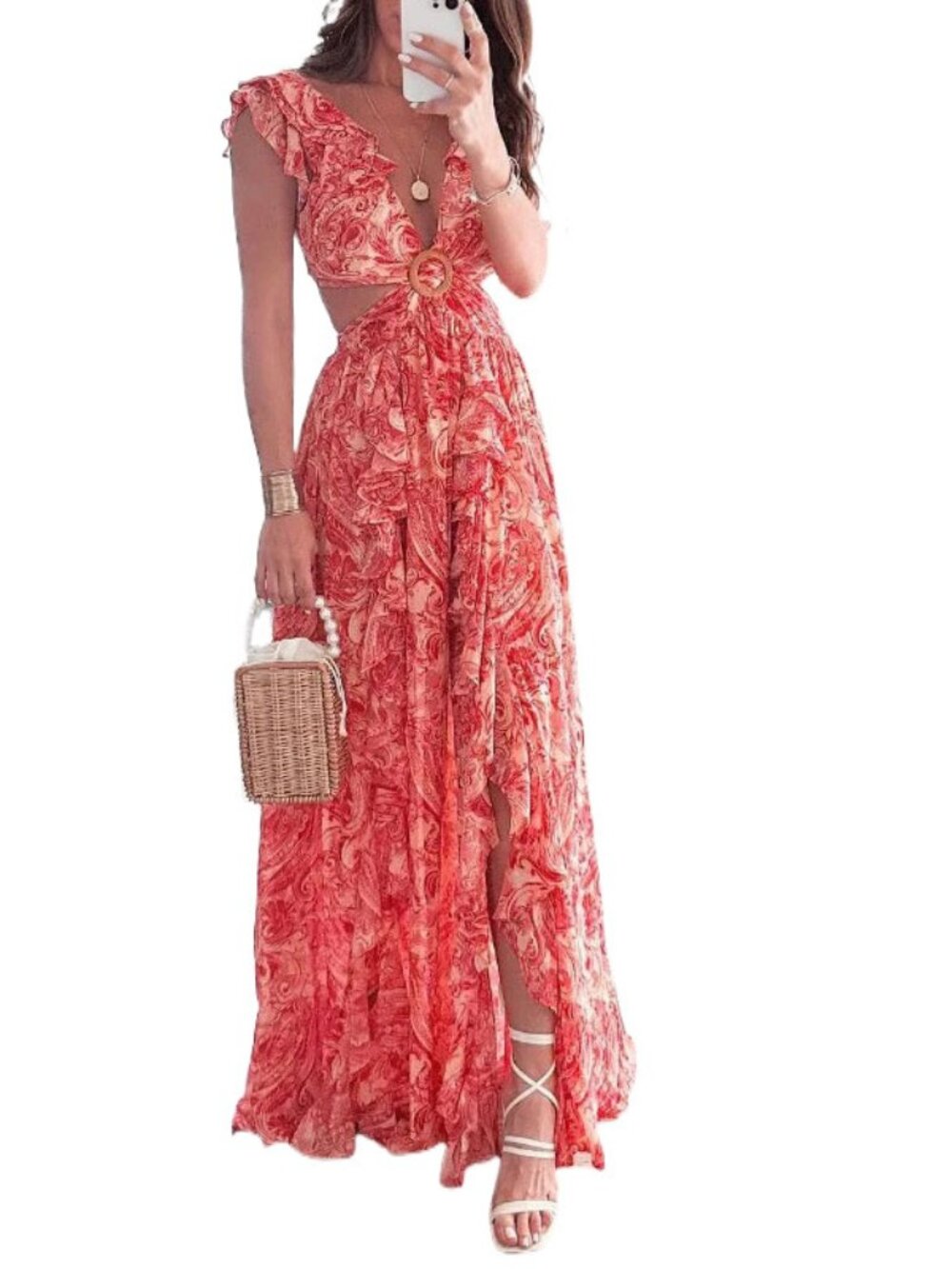 Red Floral Cutout Waist Maxi Dress Ruffle Cap Sleeve O-Ring Front High Slit Vaca